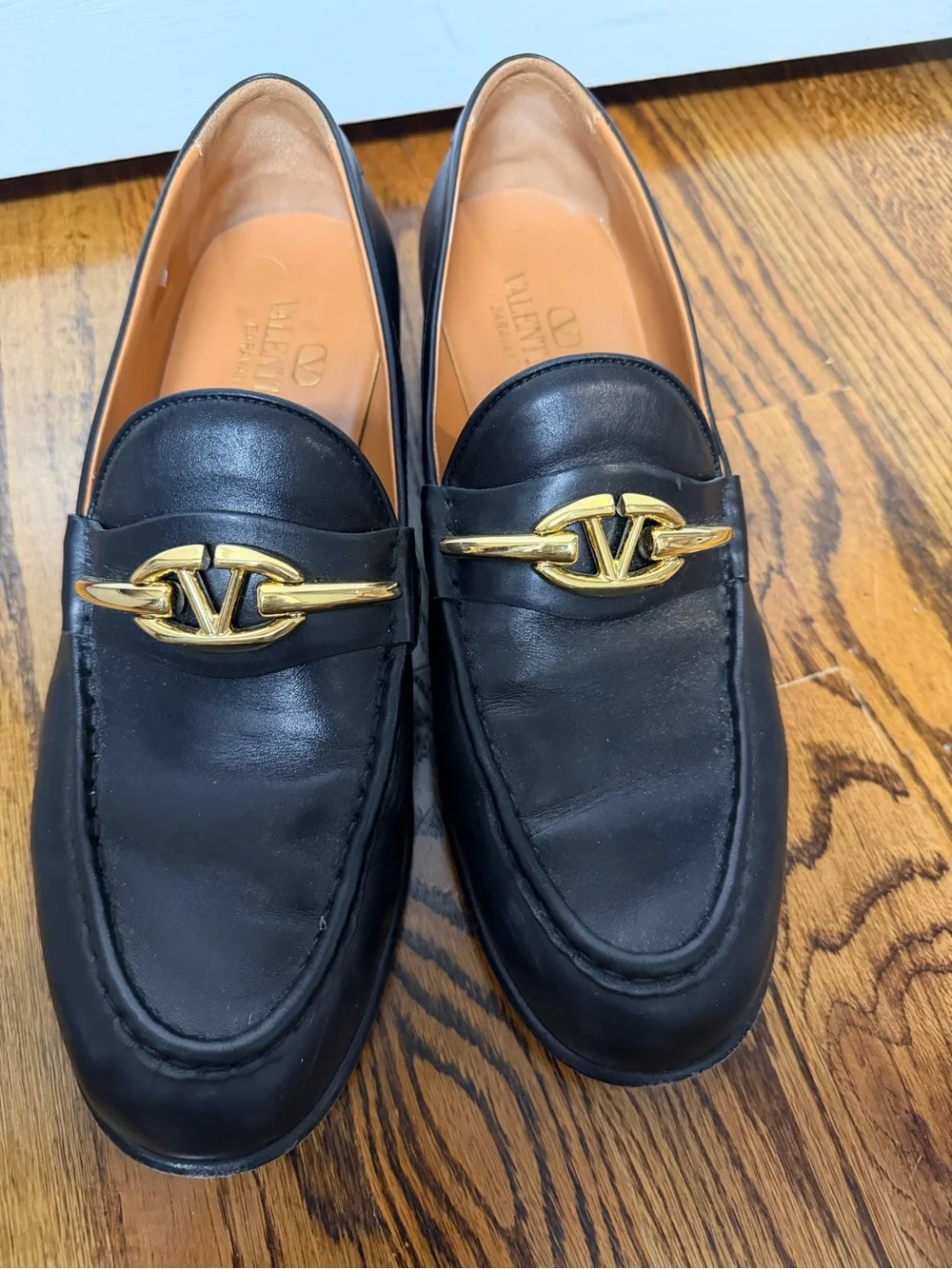 Valentino Black Leather Women’s Loafers with Gold Accent